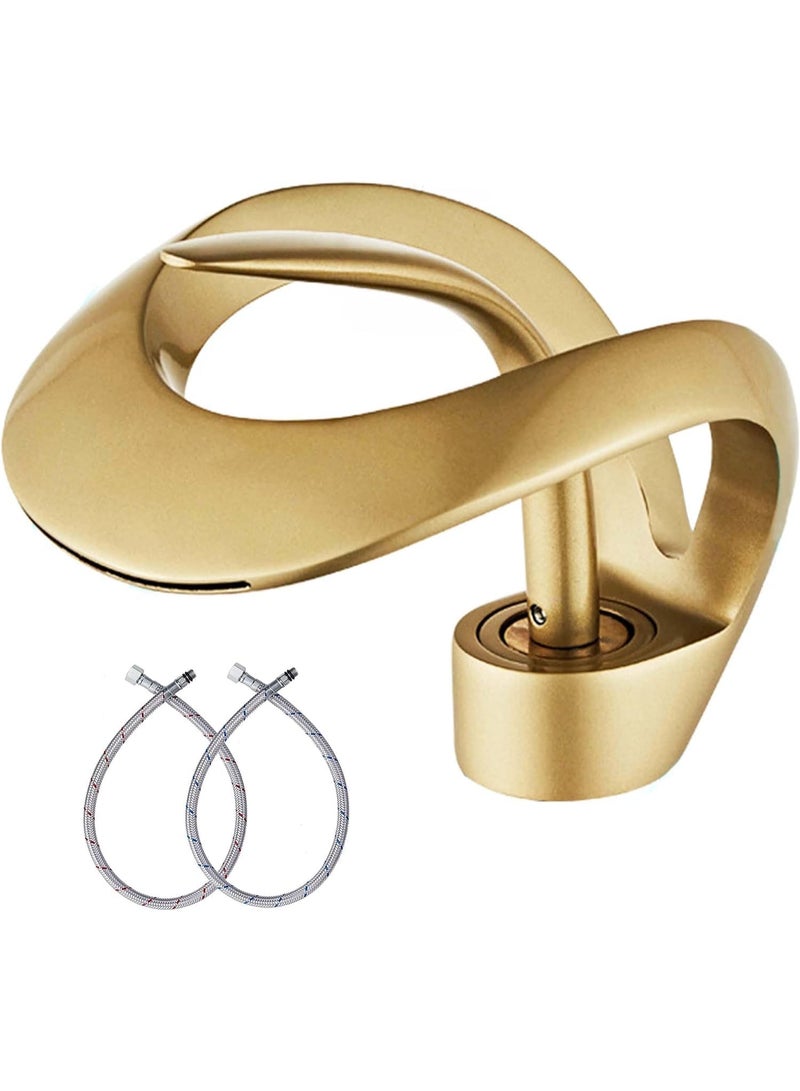 المفتاحة صنبور حوض فاخر بتصميم شلال - صنبور خلاط ذهبي بمقبض واحد وفتحة واحدة | صنبور حوض من النحاس الصلب لأحواض سطح الطاولة | تجهيزات حمام عصرية - Image 1